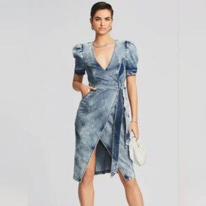 044 Retrofete Zelda Wrap Denim Dress Sienna Blue V-Neck Puff Sleeve  Size XS
